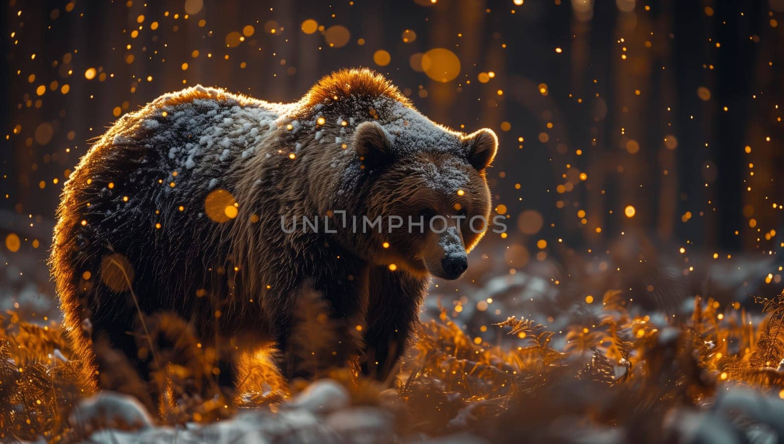 A carnivorous brown bear walks through a puddle in the wooded natural landscape by richwolf