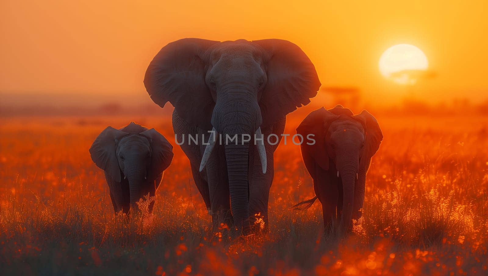 Three elephants grazing in fawncolored grassland under an orange sky at sunset by richwolf