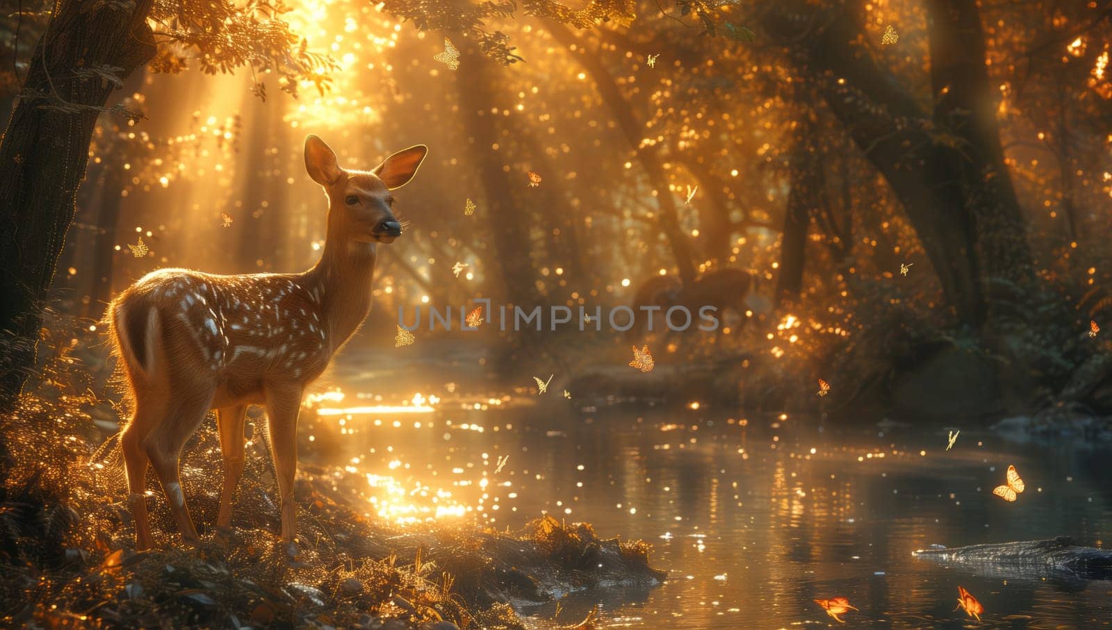 A deer gracefully poses next to a river in the enchanting woods, creating a picturesque scene like a painting of natural beauty