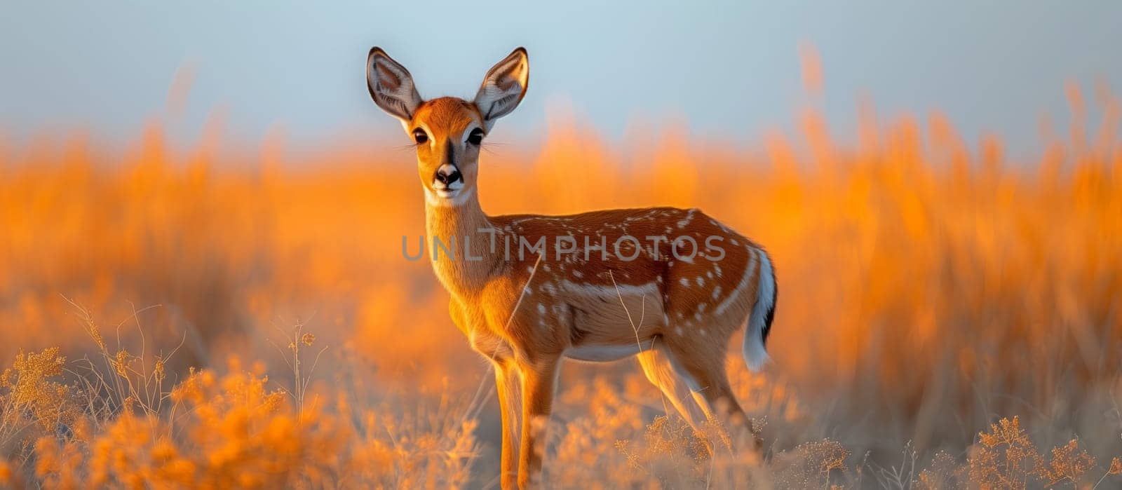 A deer, a terrestrial animal, stands in a natural landscape of tall grass. The grassland is the perfect environment for the deers adaptation, as it grazes peacefully with its tail swaying