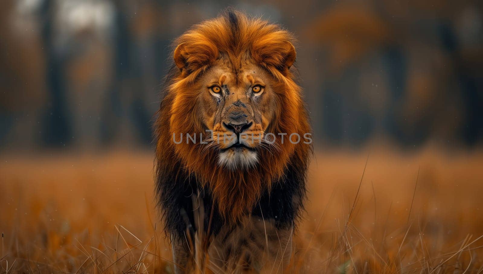 A Masai lion, a carnivorous terrestrial animal of the Felidae family, is standing in a field of dry grass, with its whiskers twitching, gazing at the camera