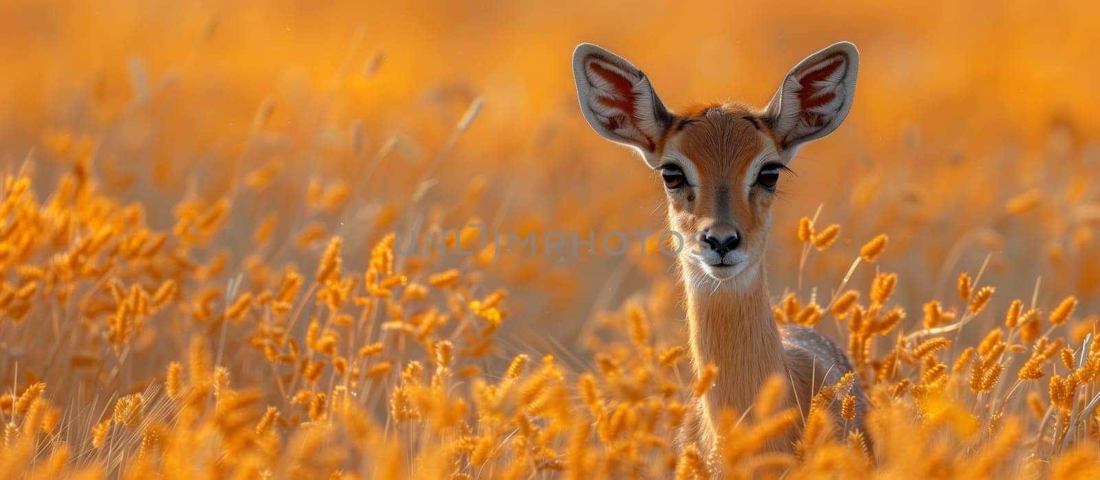 Deer in tall grass field, gazing at camera in natural landscape by richwolf