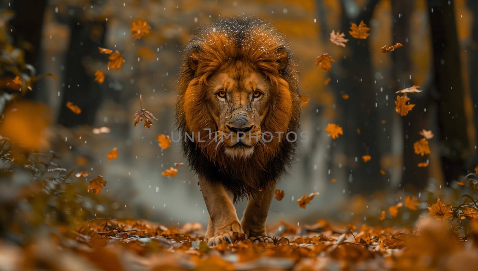 a lion is walking through a forest surrounded by leaves by richwolf