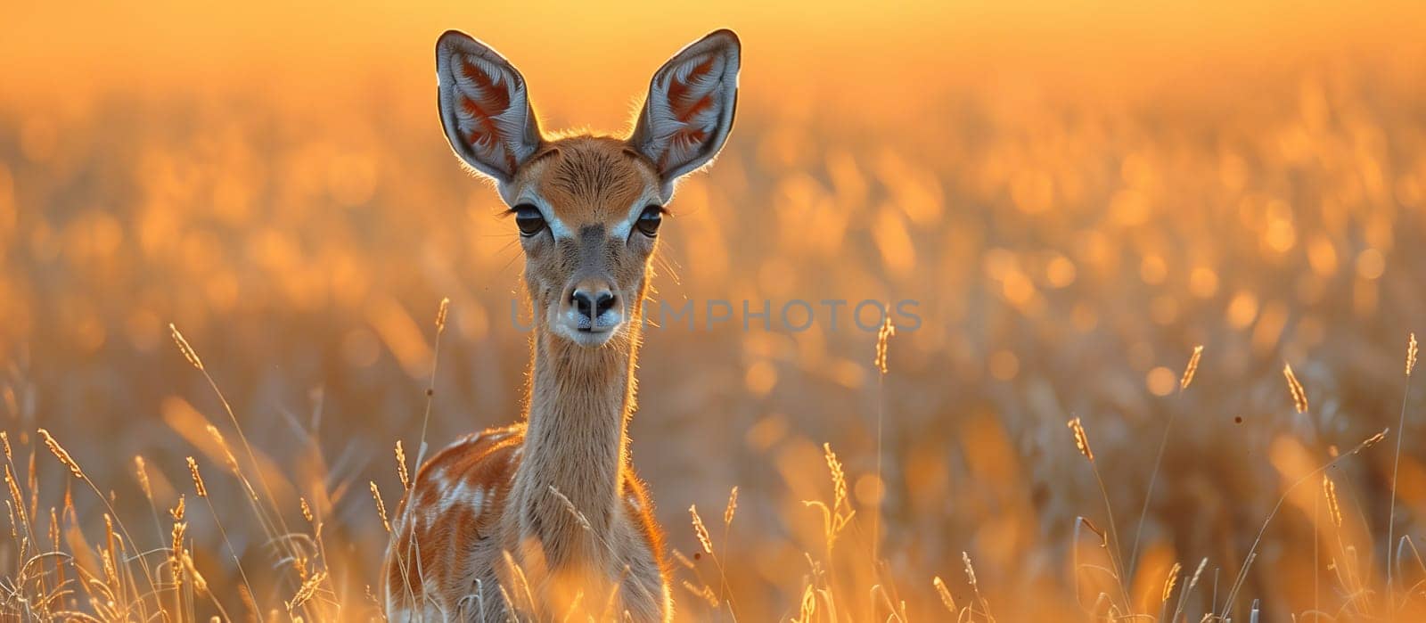 A deer with fur blending into the grassland stands in a prairie, its snout raised towards the camera in a natural landscape