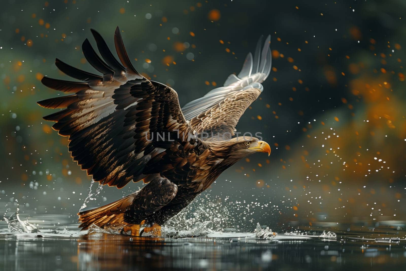 A Bird of prey, specifically a bald eagle from the family Accipitridae and order Accipitriformes, is gliding over a body of water with its beak and feathers elegantly reflecting in the fluid below