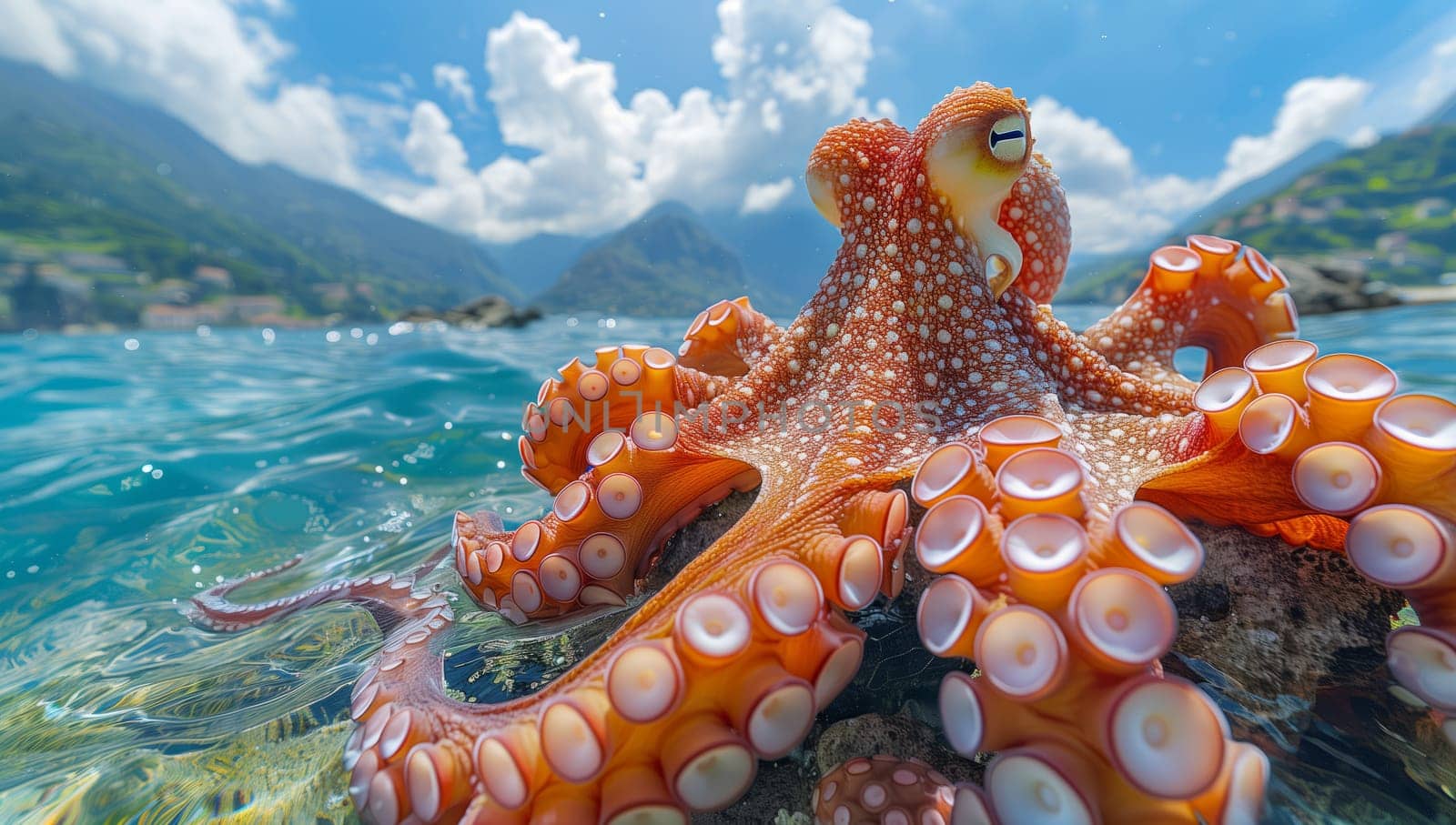 An electric blue octopus is perched on a rock underwater in the azure sea by richwolf