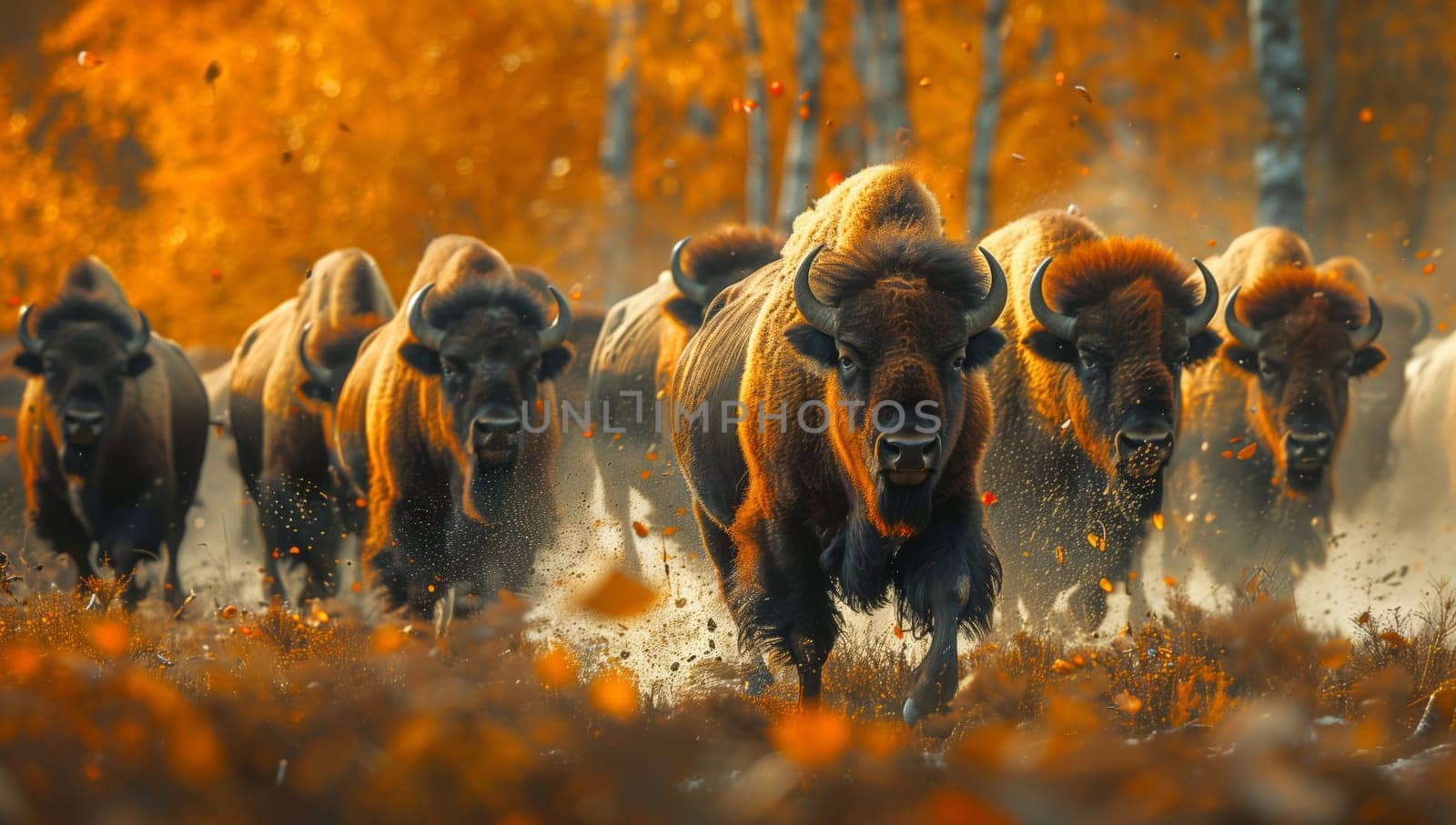 Bison herd stampedes through forest, captured in a painting by richwolf