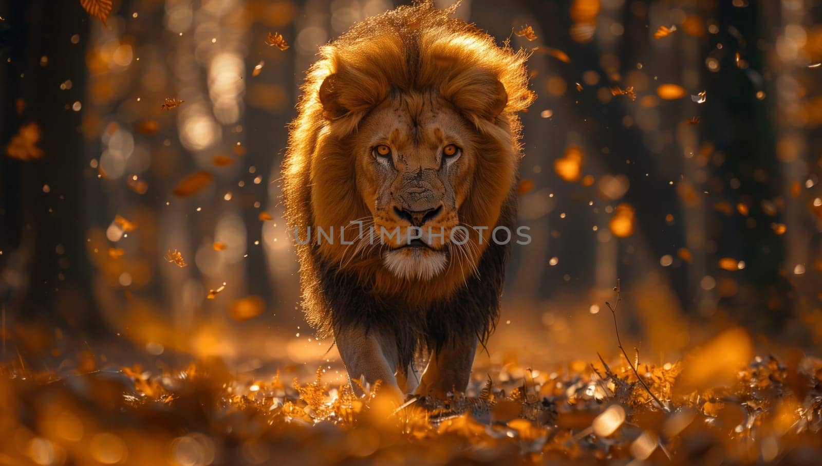 A member of the Felidae family, the carnivorous Masai lion is a terrestrial animal with a mane and whiskers. It prowls through a forest, with leaves falling as it searches for prey like a fawn