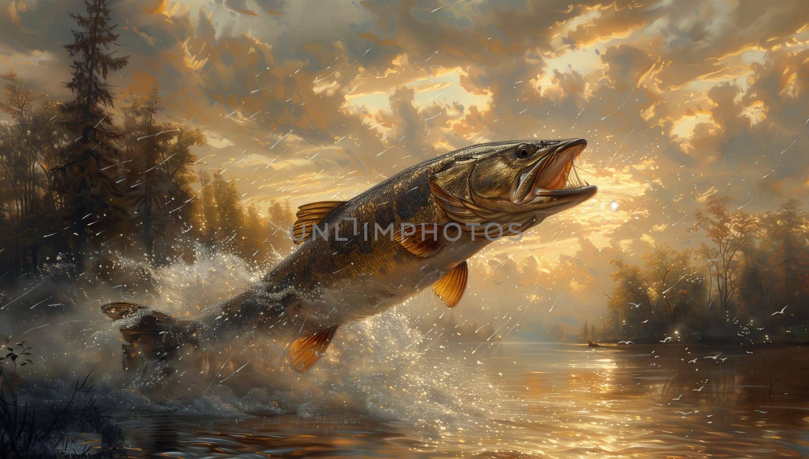 In a stunning painting, a large fish with a majestic fin is gracefully leaping out of the liquid, against a backdrop of a serene natural landscape with clouds and a lake