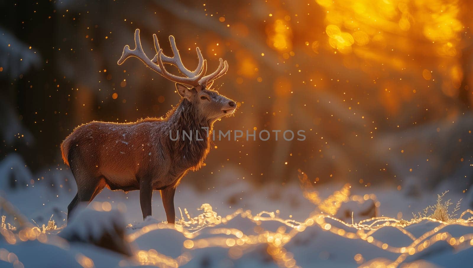 A majestic deer, a terrestrial animal, stands gracefully in the snow in front of a Christmas tree, creating a beautiful wildlife painting in a natural landscape