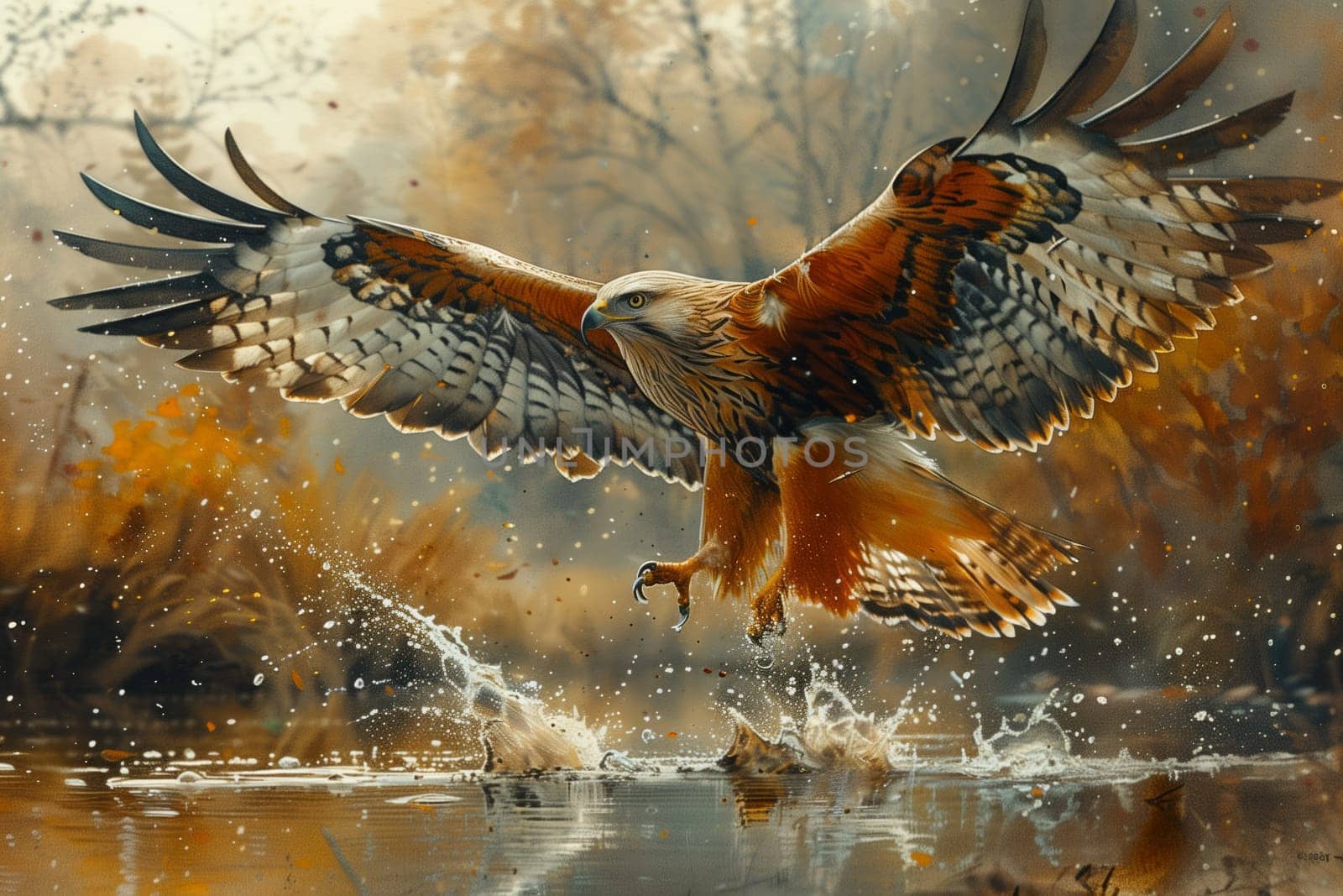 Majestic eagle soars above a body of water with powerful wings and sharp beak by richwolf