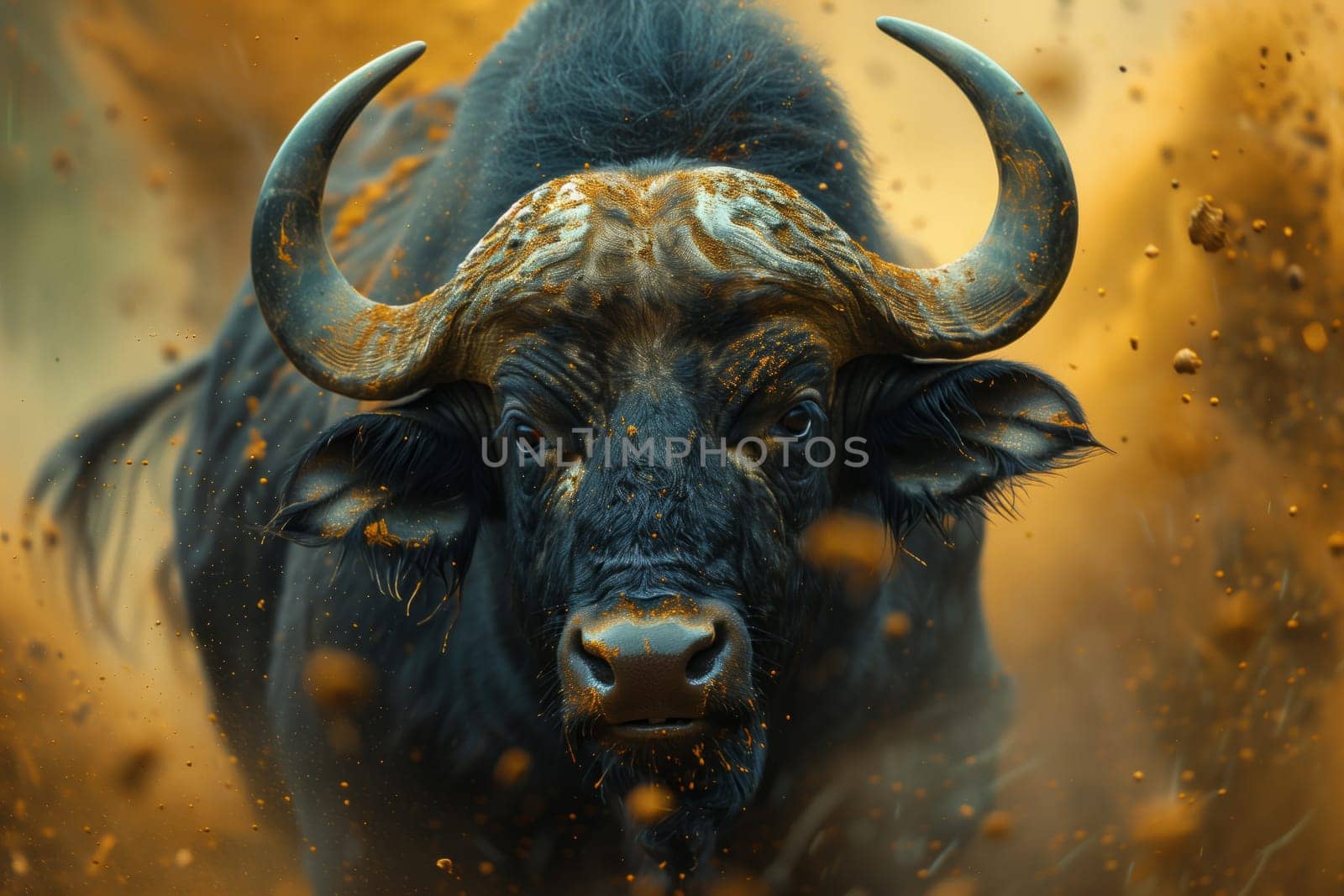 A closeup shot of a bulls head with large horns, standing on dirt. The organism is a terrestrial working animal with natural material horns and a snout