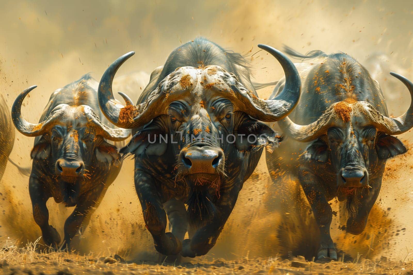 A herd of water buffalo with horns sprinting across a dusty field by richwolf