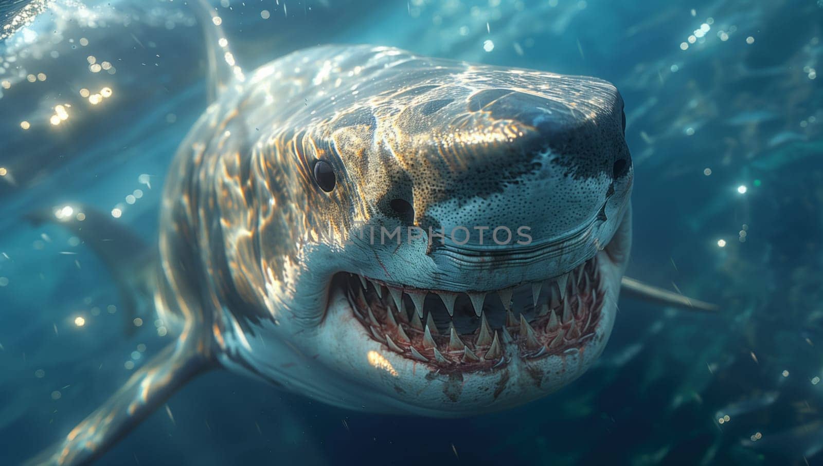 A Lamniformes shark is gracefully swimming in the water, showcasing its jaw with a wide smile as it filters fluid for food, a fascinating organism in marine biology