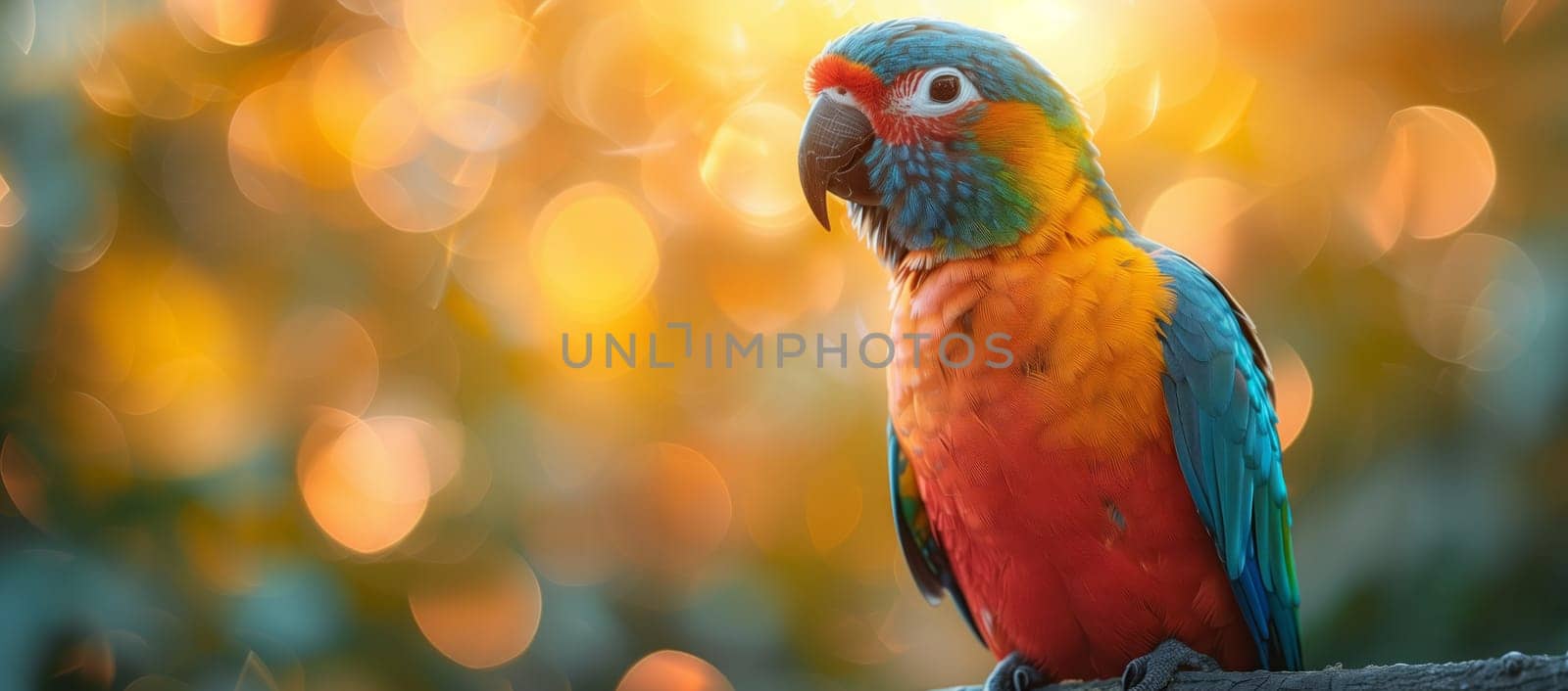 A vibrant Lovebird perched on a tree branch, showcasing its colorful feathers, beak, and wings in a closeup shot. The Macaw stands out among the greenery with its striking plumage