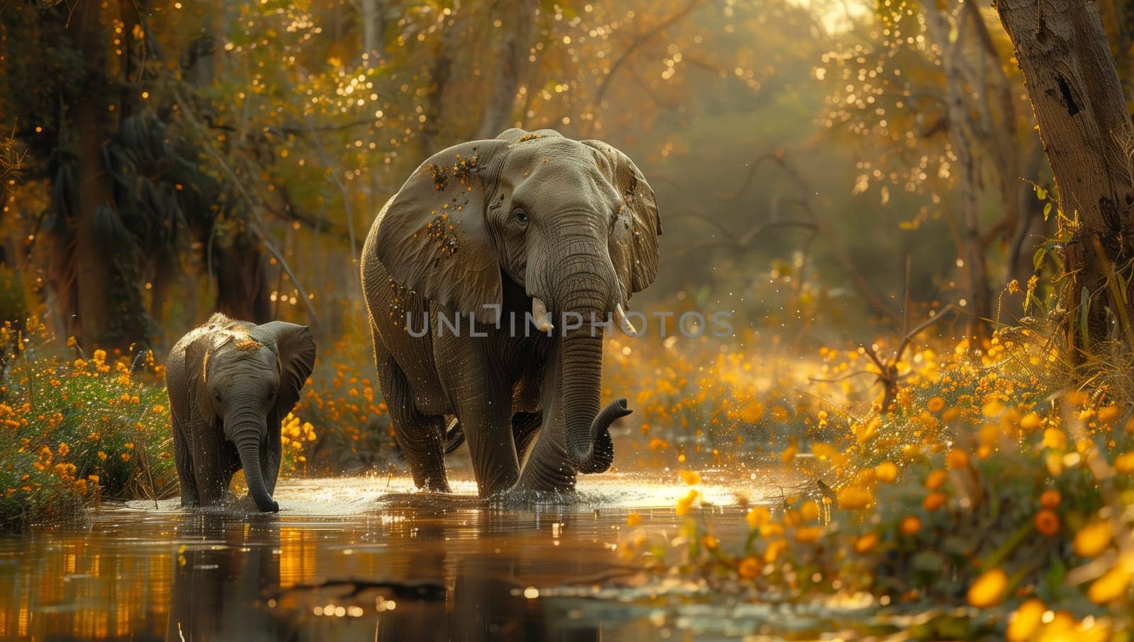 An elephant and a baby elephant wading through the river in a natural landscape by richwolf
