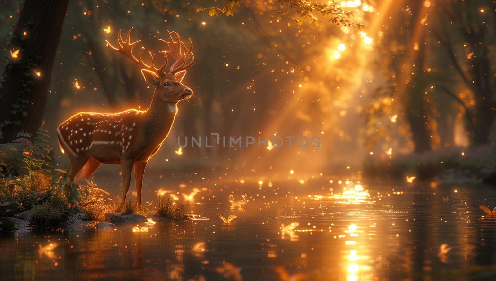 A fawn is standing by the river in the darkness of midnight, surrounded by the natural landscape of a forest. The water glistens in the moonlight, creating a serene scene of wildlife