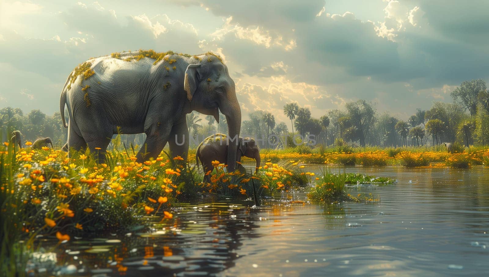 Two majestic elephants stand beside a tranquil lake, surrounded by lush green plants and towering trees. The sky is dotted with fluffy clouds, creating a serene natural landscape