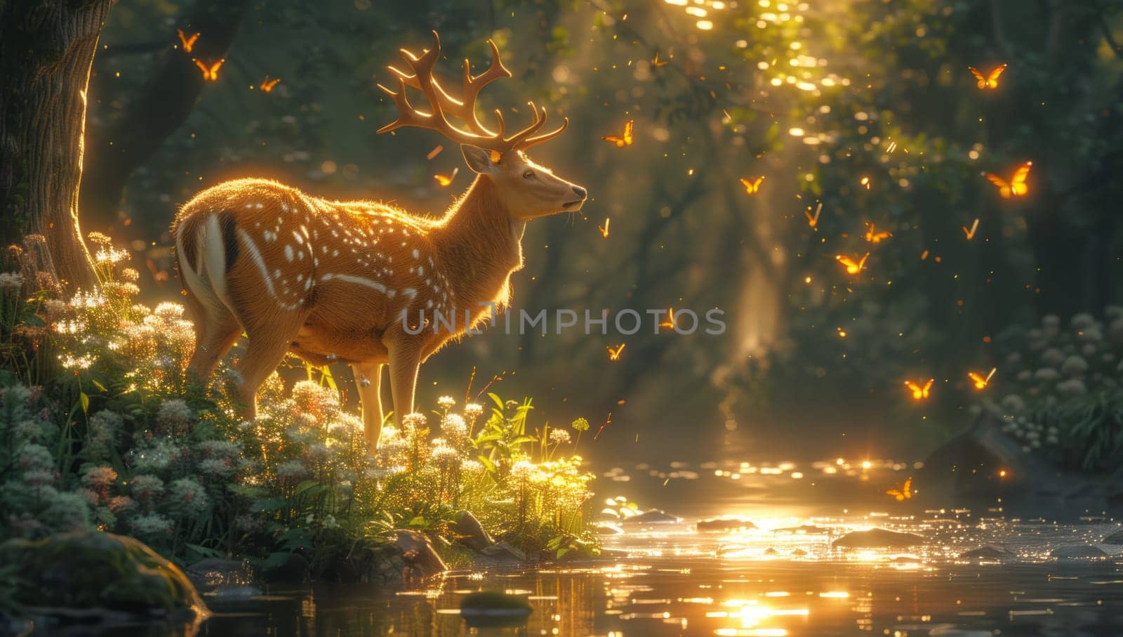 A deer, terrestrial animal, stands beside the river in the natural landscape of the woods. Its fawn grazes on the grassy bank, while its tail flicks and snout sniffs the air