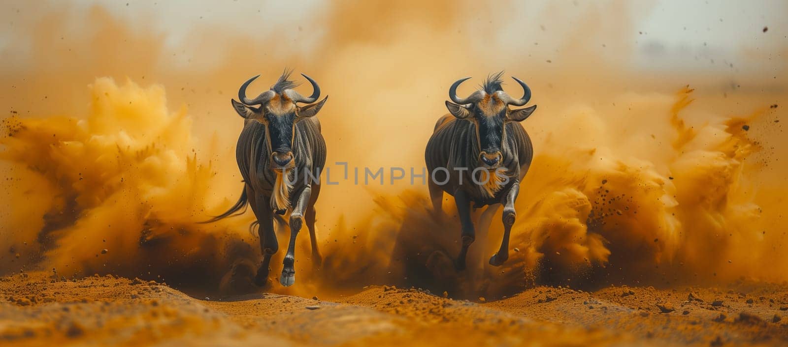 Two wildebeest are galloping across a grassy field, kicking up dust clouds behind them. Their hooves pound the soil as they race through the landscape