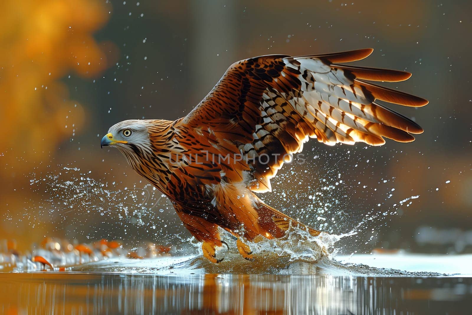 A majestic Accipitridae bird gracefully soars over the shimmering liquid surface of a tranquil body of water, showcasing the beauty of nature and its fluid inhabitants