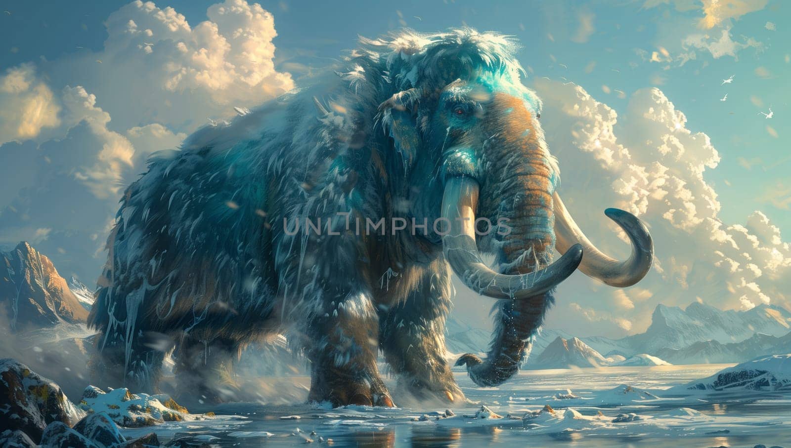 A sculpture of an elephantlike mammal, resembling a mammoth, covered in snow and ice, set against a natural landscape with clouds in the background