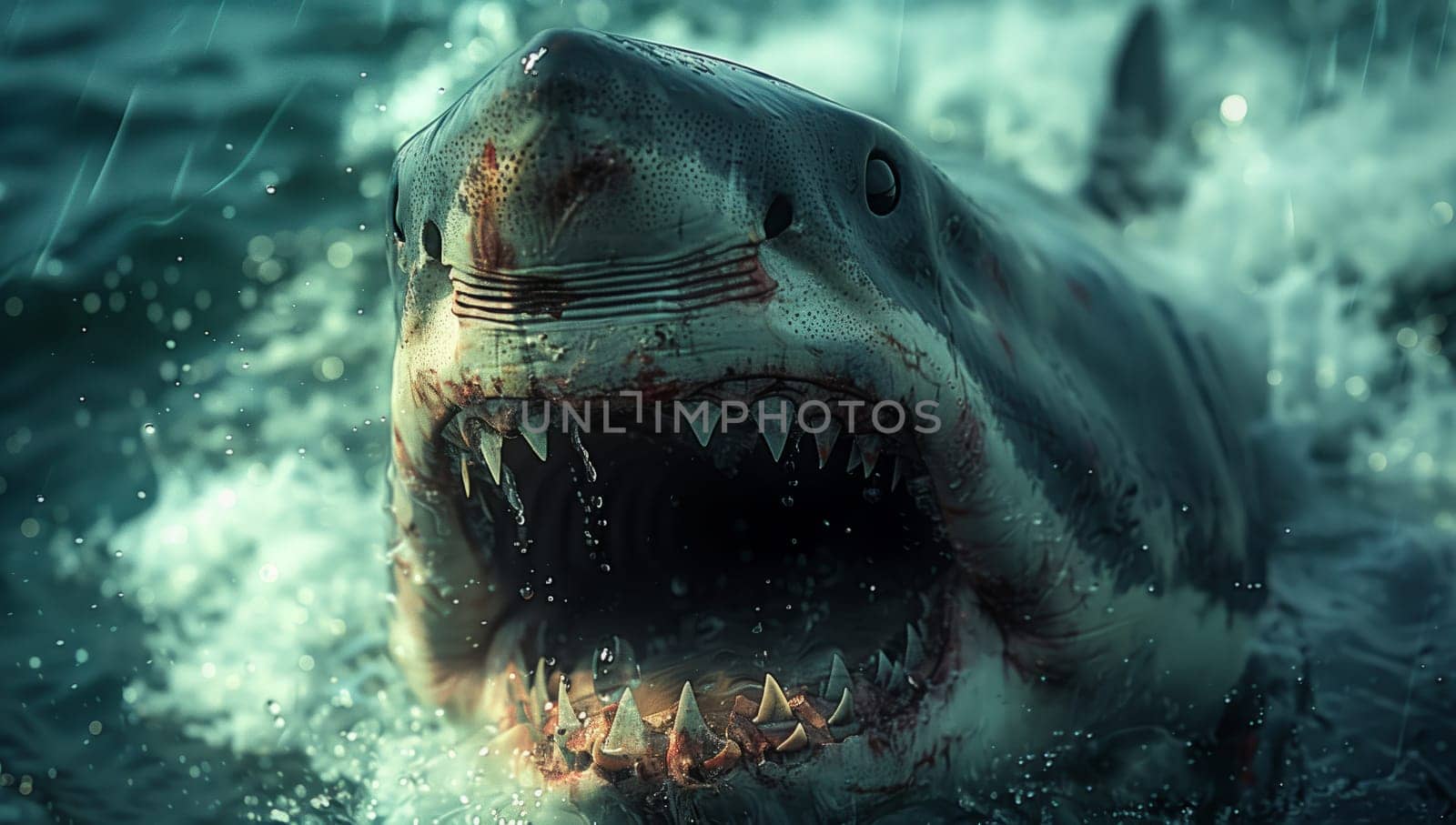 A great white shark, a marine organism with powerful jaws and sharp fangs, swims underwater with its mouth open, filtering water to extract fluid and prey