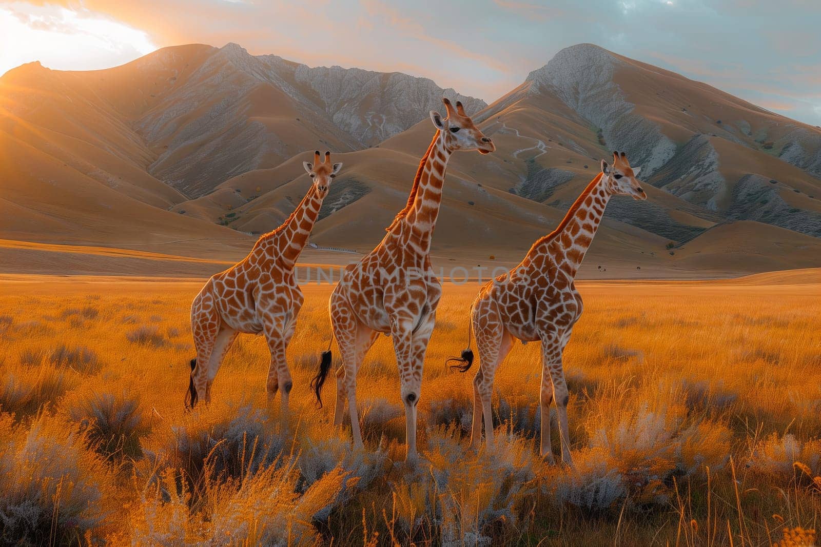 Three Giraffidae are peacefully grazing in a scenic natural landscape with mountains in the background, surrounded by a diverse plant community and a clear sky