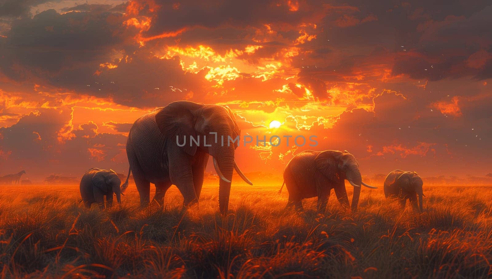 Elephants grazing at sunset in a field with trees and clouds by richwolf