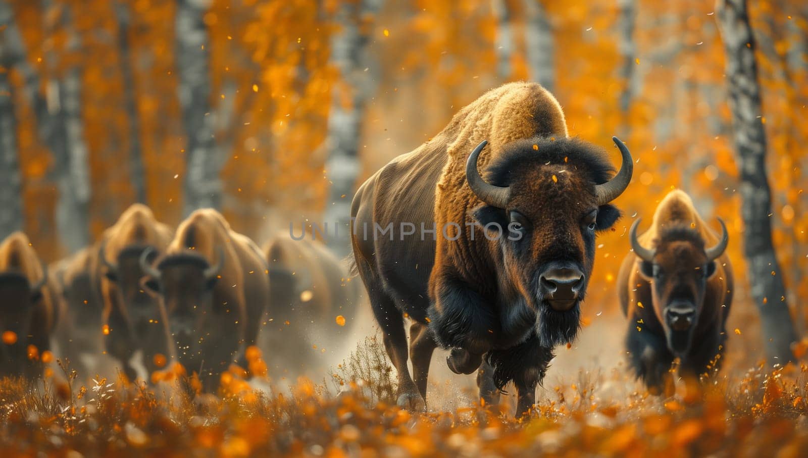 A group of bison, including bulls and fawns, journey through a autumn forest, grazing on grass as they move through the natural landscape