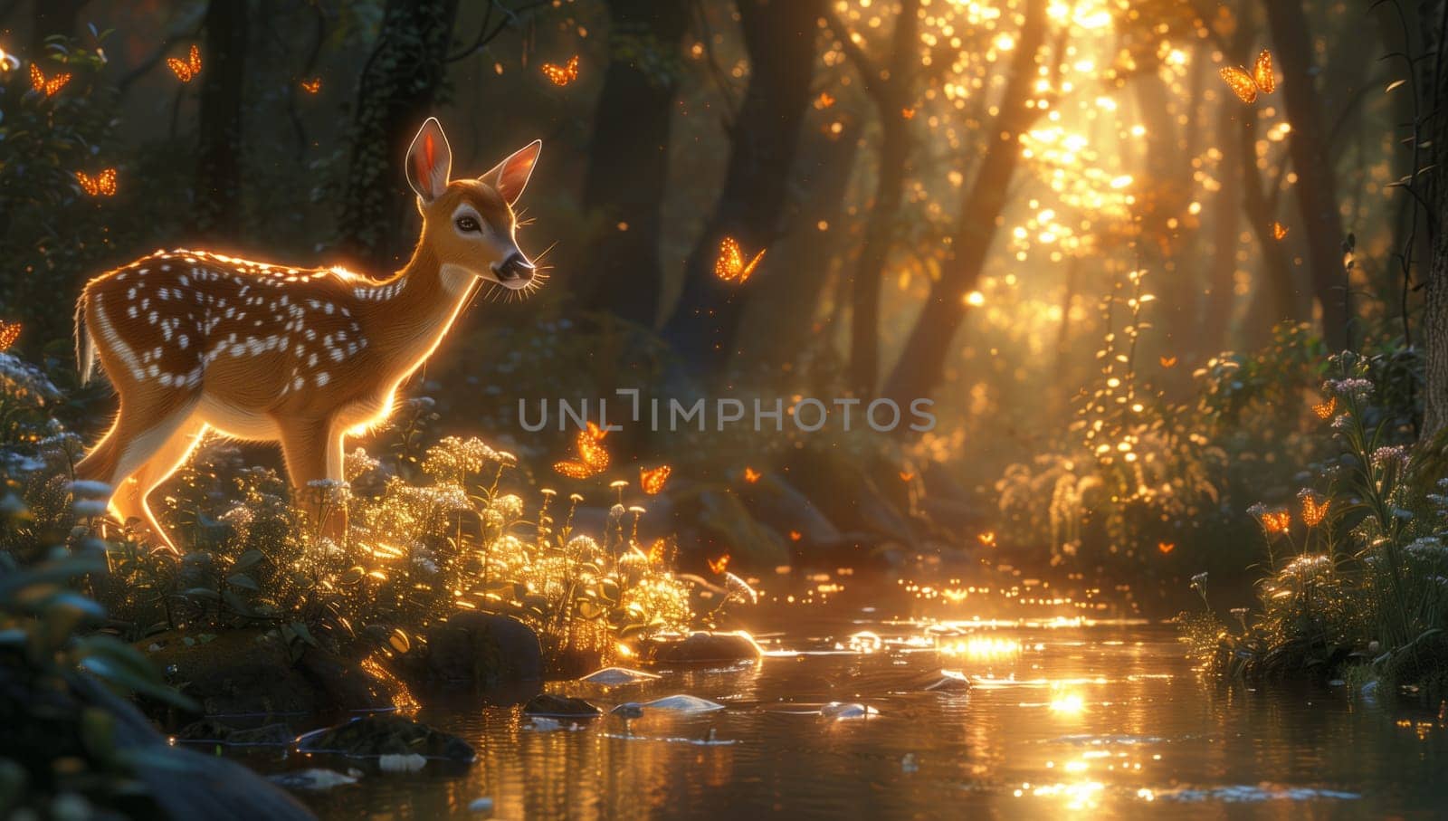 A fawn is grazing peacefully next to a stream in the natural landscape of the woods, surrounded by grass and plants, under the darkness of the night sky