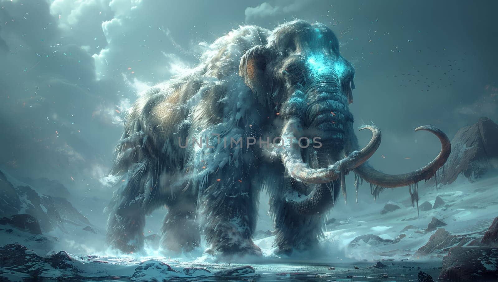 A mammoth is standing in the snowy mountains, surrounded by a stunning natural landscape. The sky is filled with clouds, creating a mystical atmosphere