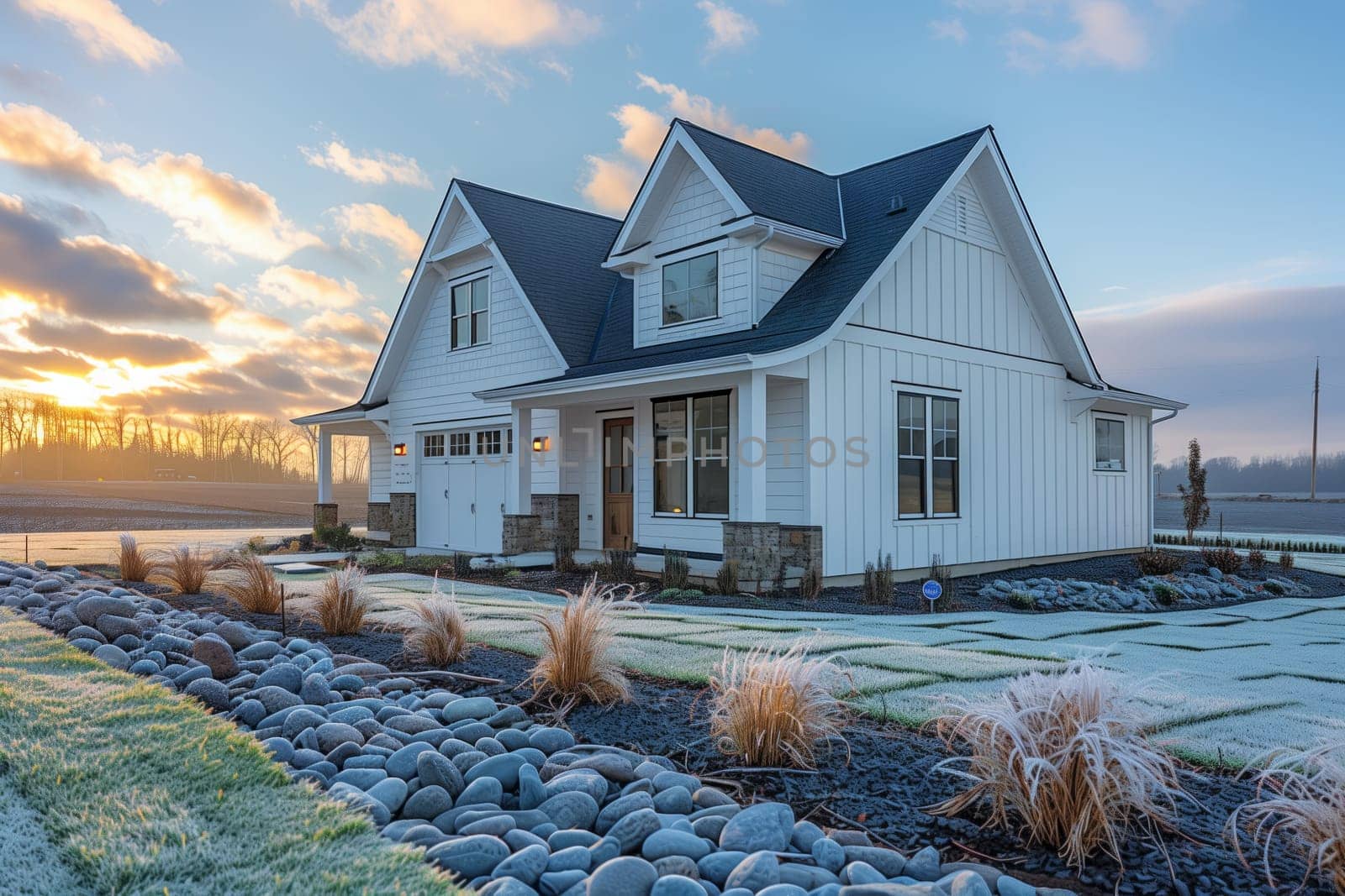 A picturesque white house with a black roof stands beside a tranquil body of water, set against a backdrop of lush green grass and a clear blue sky