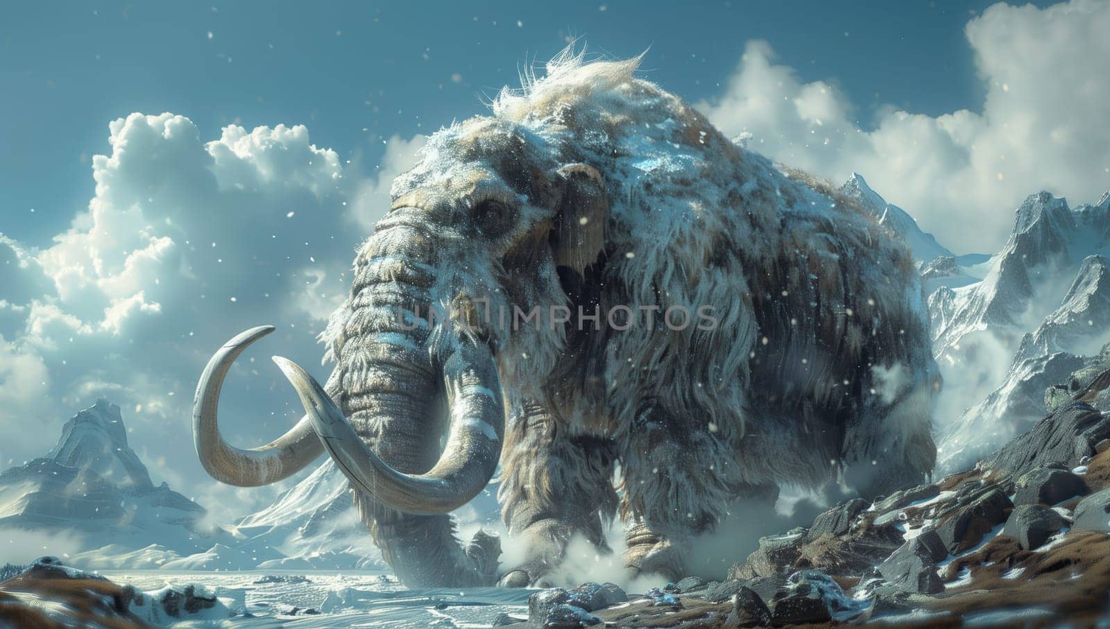 A majestic mammoth strolling through snowy mountains under a cloudy sky, creating a beautiful natural landscape with trees and cumulus clouds