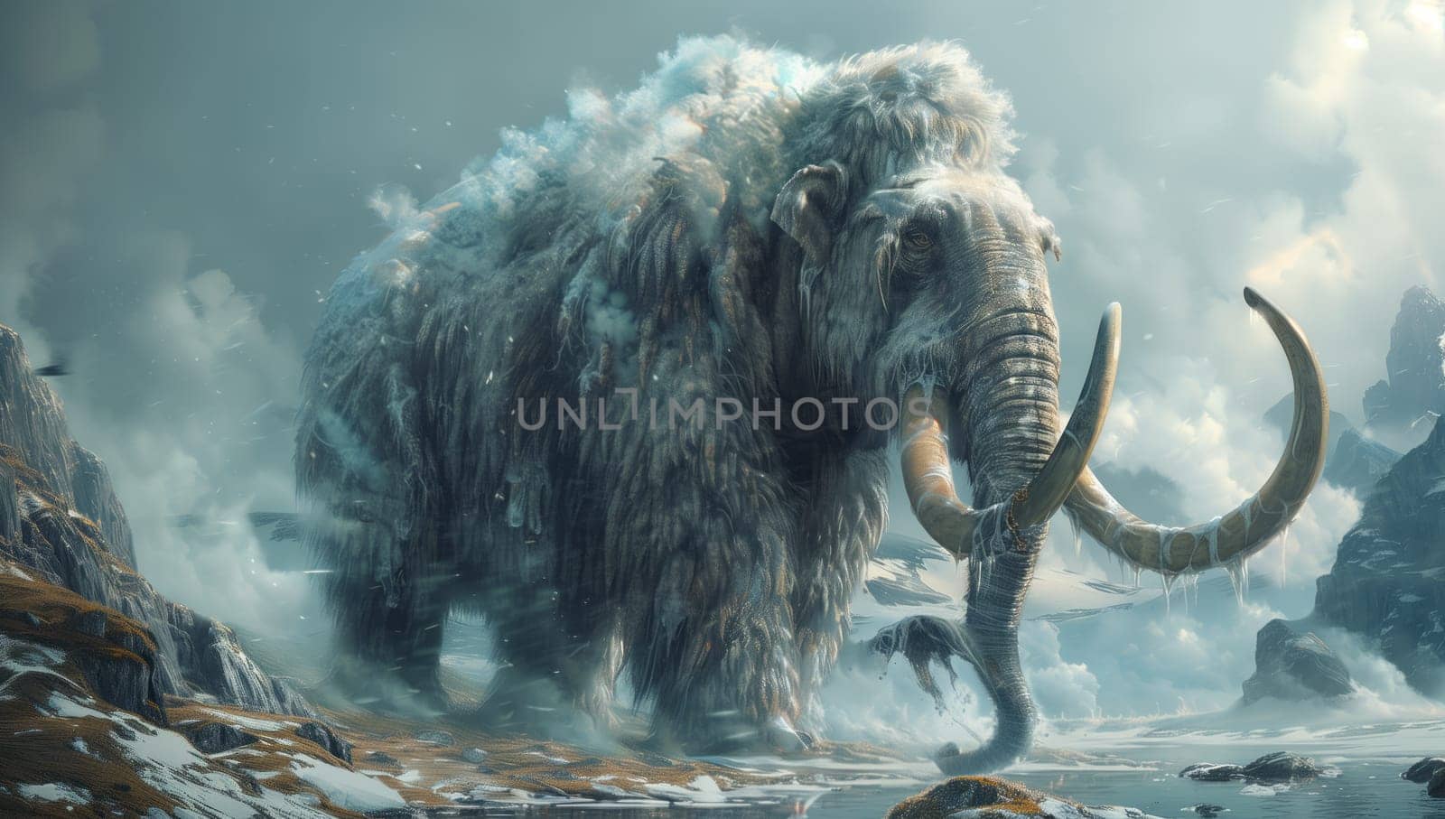 A mythical creature resembling a mammoth roams through a snowy forest, creating a stunning landscape against the backdrop of dark clouds
