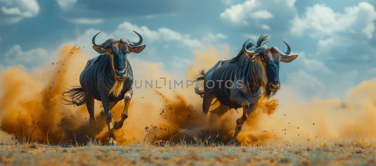 Two wild pack animals running across a dusty landscape under a cloudy sky by richwolf