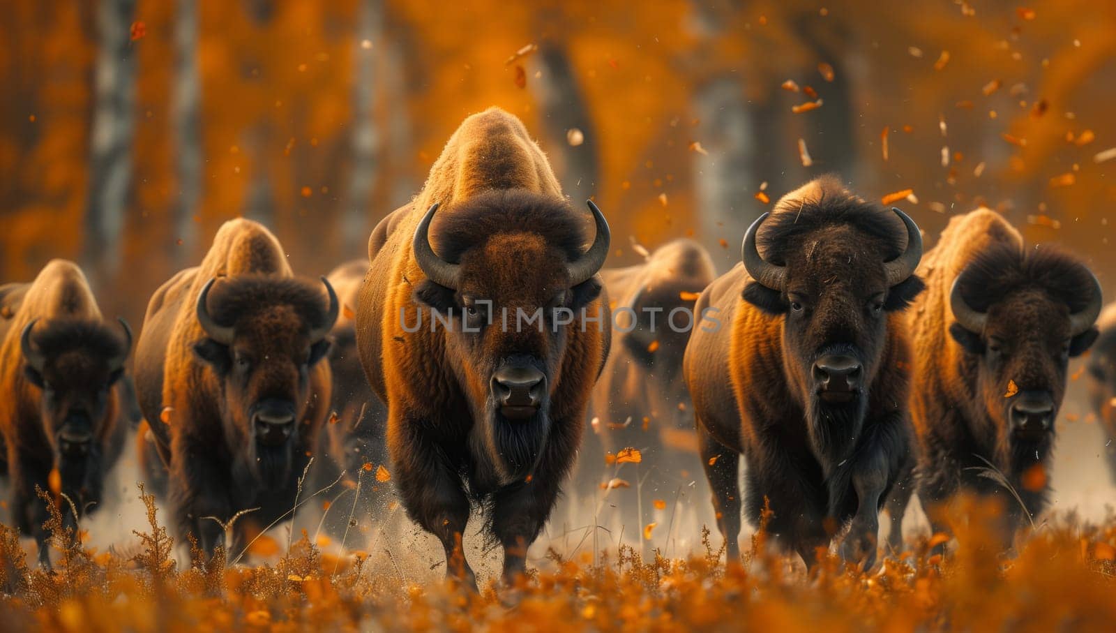 A group of bison roam through the ecoregion, a majestic sight in their natural environment. These terrestrial animals graze peacefully among the grassy landscape