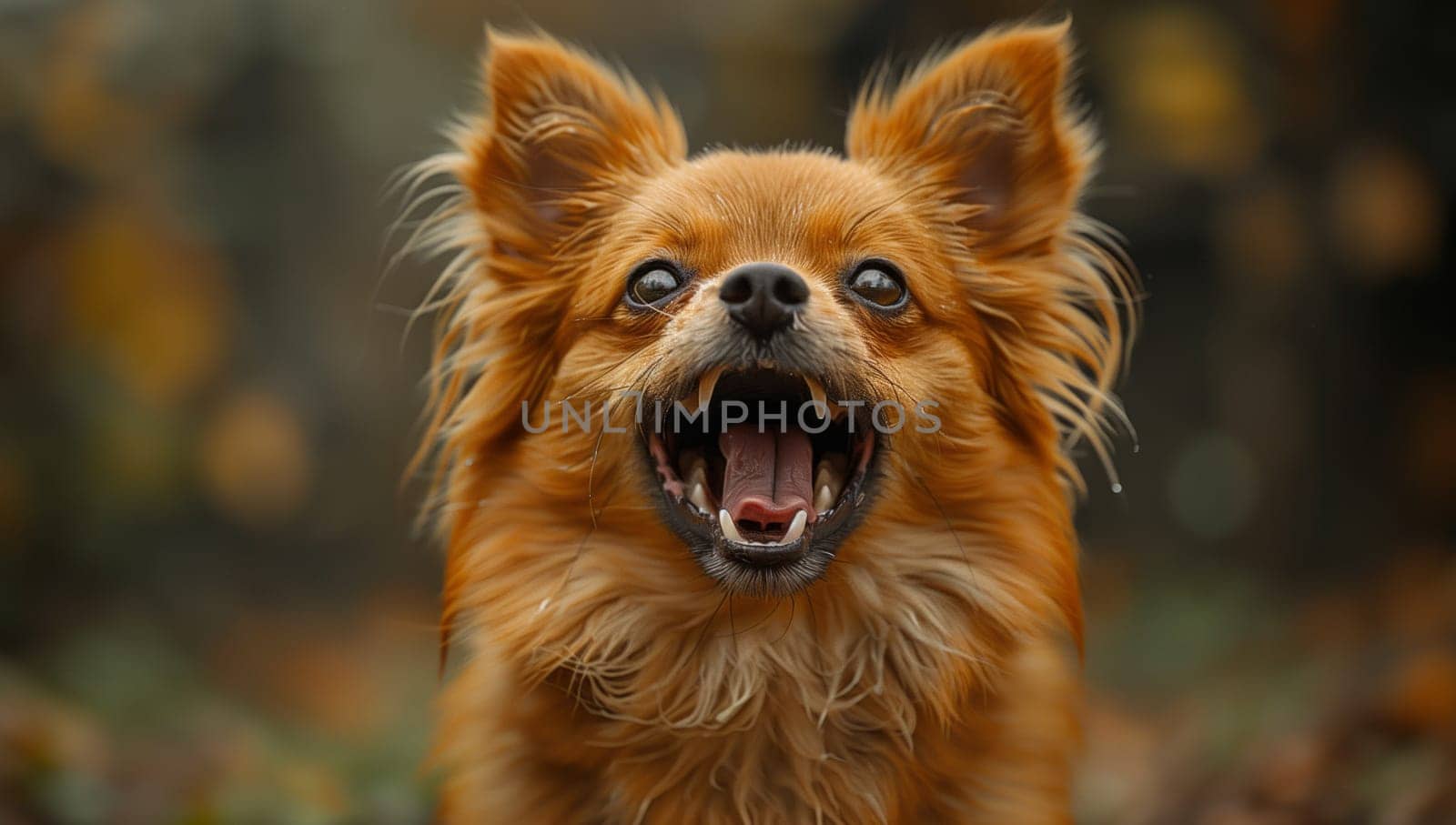 Close up of a Chihuahua, a small dog breed known for its companion dog qualities. With its mouth open, showing carnivorous teeth and whiskers