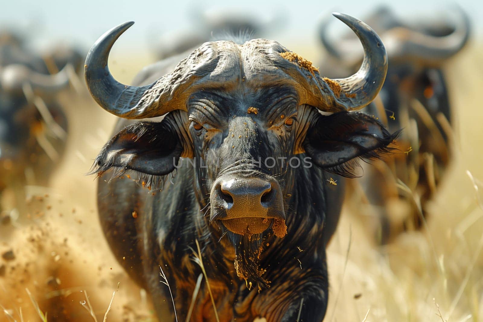 A herd of working buffalo with their majestic horns and strong snouts are grazing in a picturesque landscape, inspiring artists to capture their beauty in paintings using natural materials