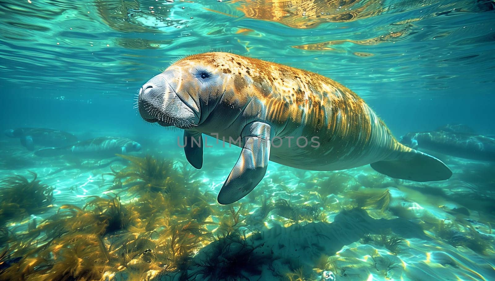 A marine mammal known as a manatee gracefully swims underwater in the fluid waters of the ocean near a vibrant coral reef