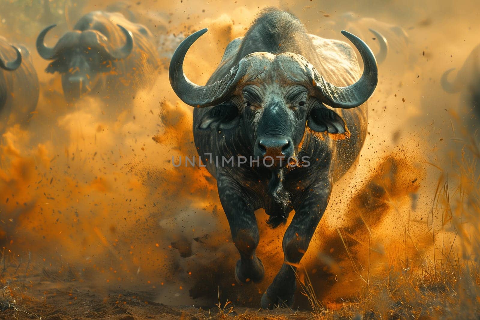 Water buffalo herd running in grassland, artistic landscape painting by richwolf