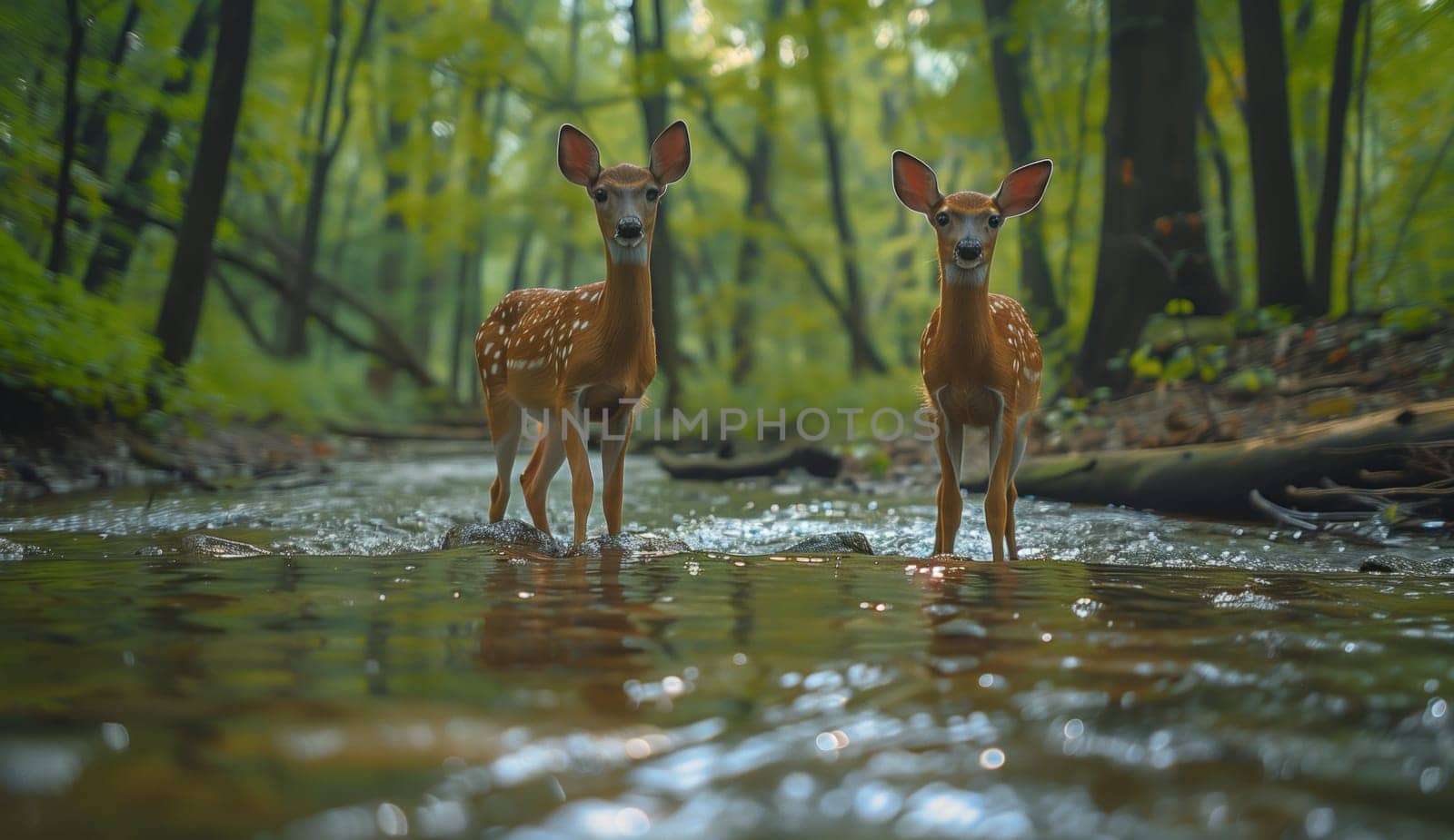 Two deer are peacefully standing in a stream surrounded by lush green plants and grass in the natural landscape of the woods, showcasing the beauty of a fluvial landform