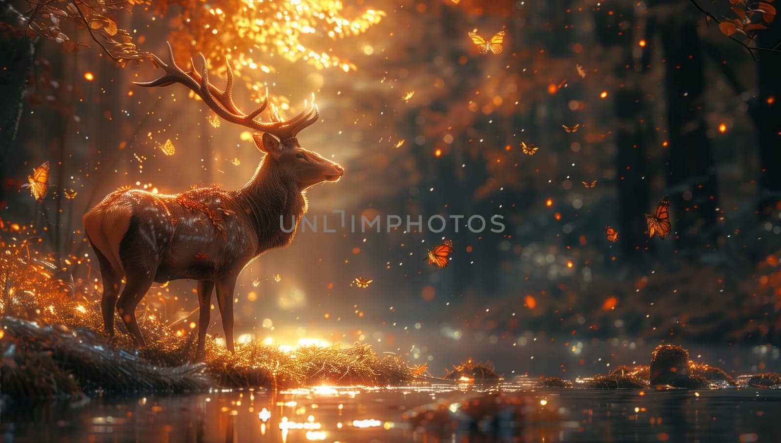 A deer with horns stands by a river in a forest at night by richwolf