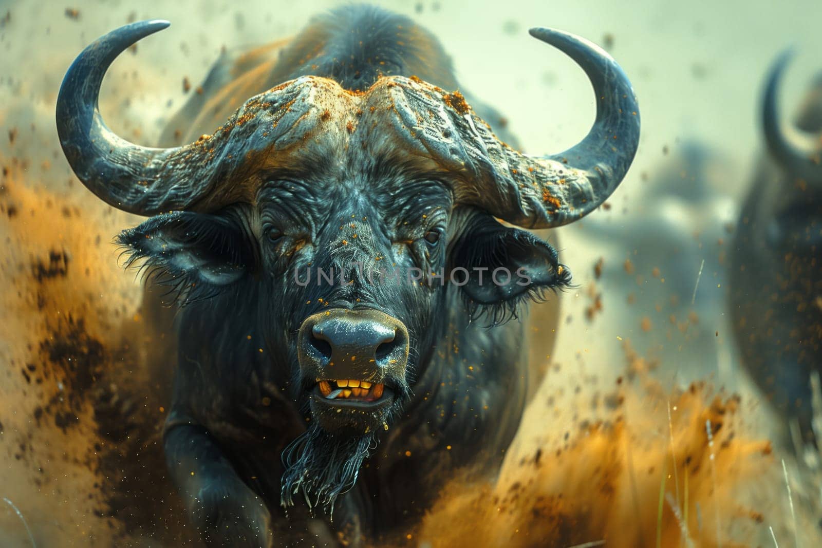 Closeup of a powerful bull charging through the muddy terrain, showcasing its horned head and snout as it moves with grace and strength