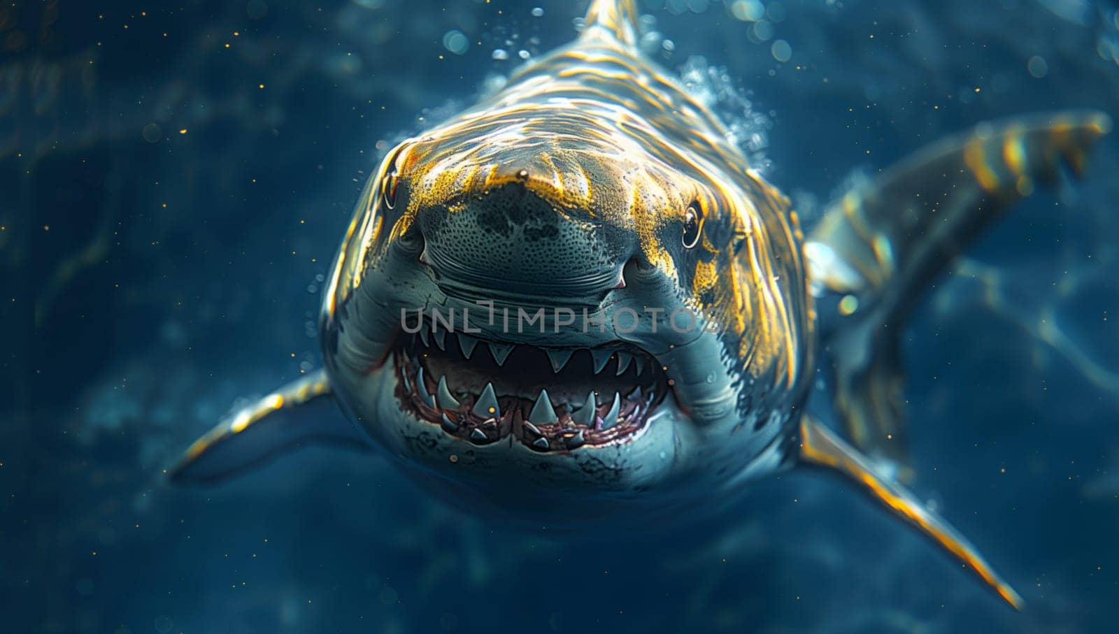 A great white shark, a marine organism, swims underwater with its jaw wide open in the liquid environment of the ocean, showcasing its powerful fins as it searches for fish or marine mammals