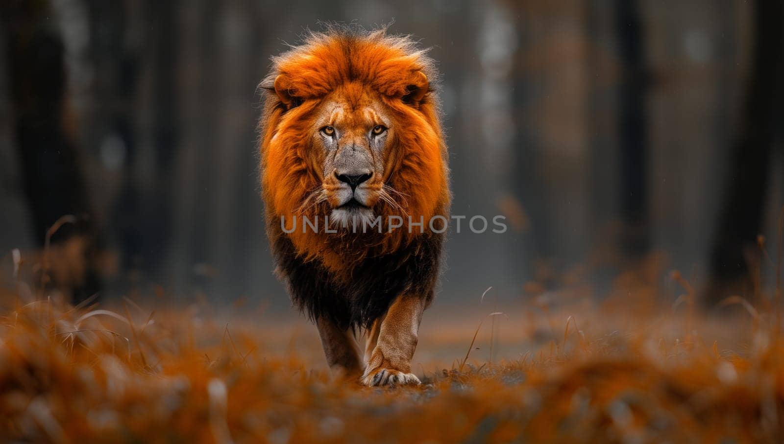 A Felidae, carnivorous big cat like a lion is strolling through the leafstrewn wood, its livercolored fur blending into the terrestrial surroundings