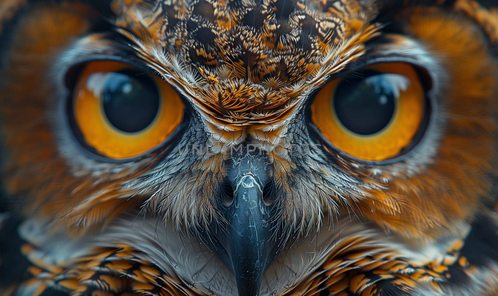 A close up of a Birds face with large yellow eyes, Natures stunning adaptation in the form of an Owl. Its Vertebrate organism features include a sharp beak, feathered coat, and captivating iris