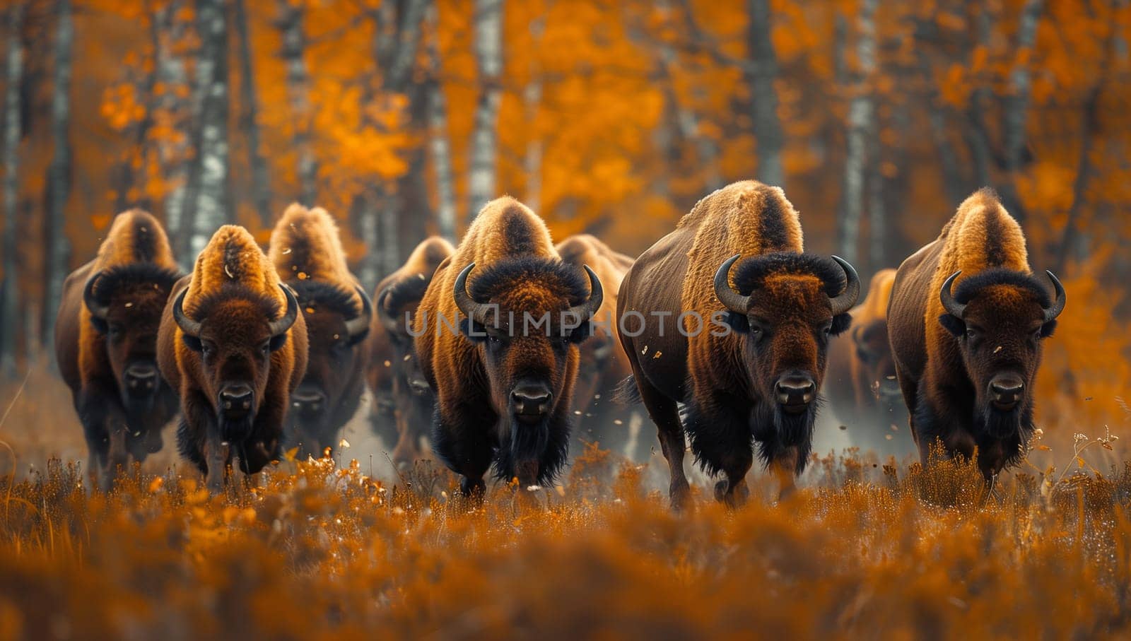 A group of bison, including bulls and calves, roaming in a grassy meadow within a woodland ecoregion. These terrestrial animals with strong snouts graze peacefully in their natural landscape