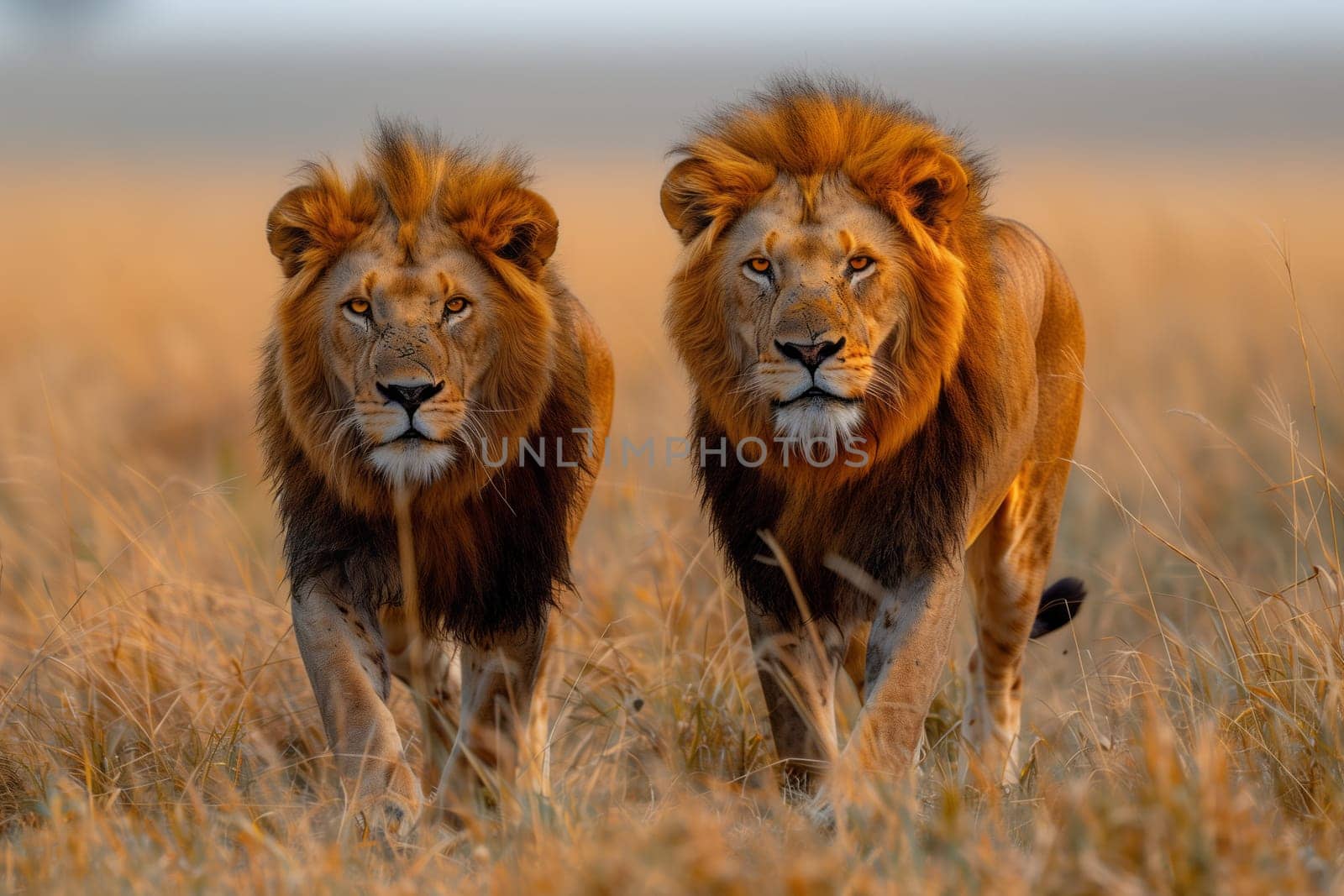 Two Masai lions, big cats from the Felidae family, are strolling through a grassy field. Their whiskers twitch as they scan for prey in the vast grassland