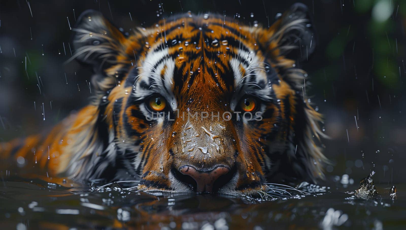 A Bengal tiger is elegantly swimming in the water, its whiskers glistening as it gazes into the camera, showcasing the beauty of this majestic Felidae species in its natural habitat
